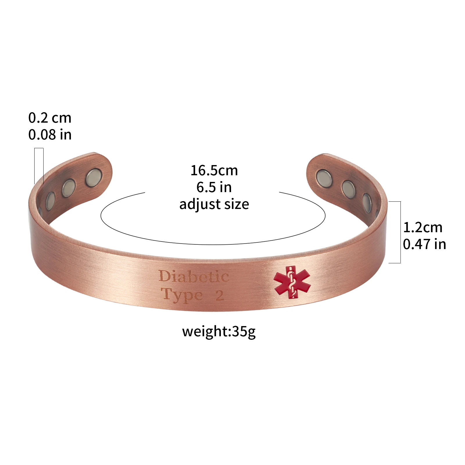 Wollet 6.5'' Pure Copper Medical Alert Bangles for Women Men, Diabetic Type 2, Cuff Copper Bangle, Gift for Dad&Mom, CPB-2054T