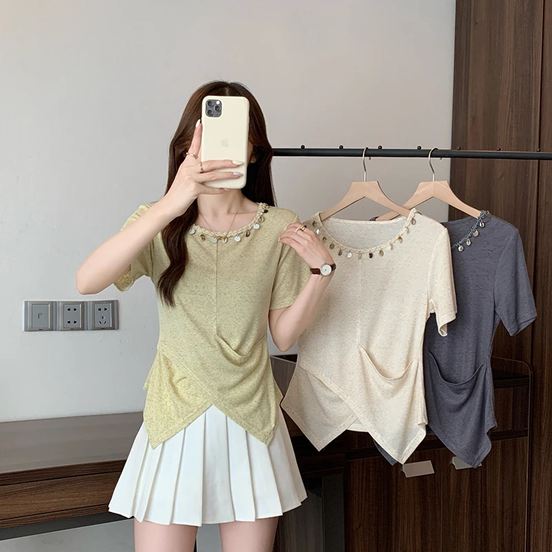 

Summer New Plus Size Women's Fashion Design Sense Tassel Shell Irregular Short Sleeve T-Shirt