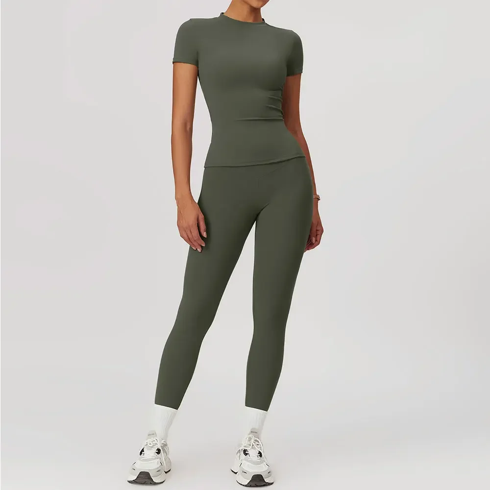 

2PCS Yoga Set Workout Sets Women Clothes Gym Tracksuit Push Up Fitness Running Sportwear Sport Bra Short Sleeved Leggings Suit