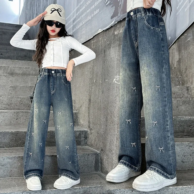 UNITIM 4-14Y Girl Denim Pant Autumn Children Girls Bow All Printed Jeans Loose Versatile Elastic Waist Junior Girl Straight Pant