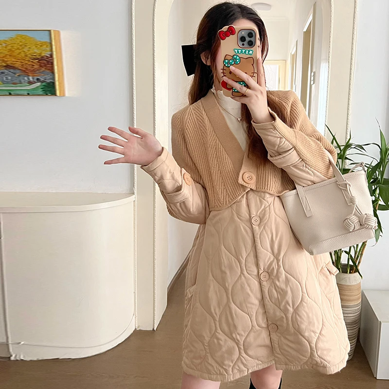 

Korean Style Winter Maternity Clothes Long Sleeve V-neck Button Fly Faux Two Pieces Long Jacket for Pregnant Woman Cotton Coats