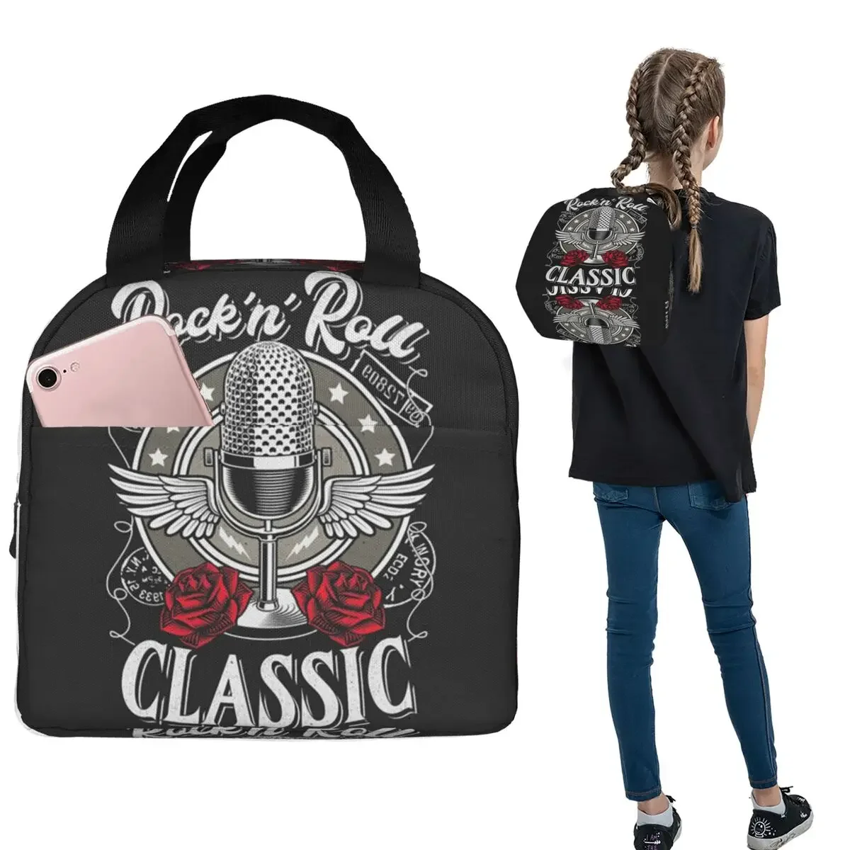 

Термосумка для обедов Microphone Rock And Roll Rockabilly для женщин и детей, портативная сумка для еды, термосумка-тоут