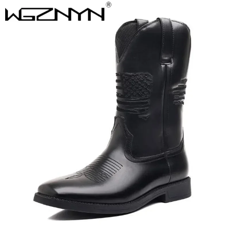 Luxury Brown Embroidered Cowboy Boots Faux Leather Shoes Retro Men America Ethnic Motorcycle Boot Plus 48 Botines Zapatos Hombre