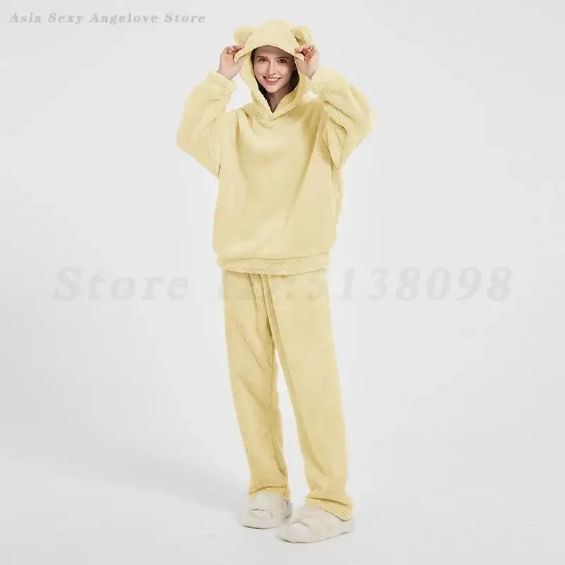 

Свободные толстые фланелевые пижамы с капюшоном, теплая одежда для сна из кораллового флиса, осенне-зимний женский пижамный комплект, домашняя одежда, одежда для дома