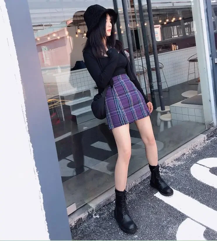 Women\'s High-Waisted Chequered Skirt, A-shaped Short Skirt, Purple and Blackish Green, Street Style, Charming Fashion, XS-5XL