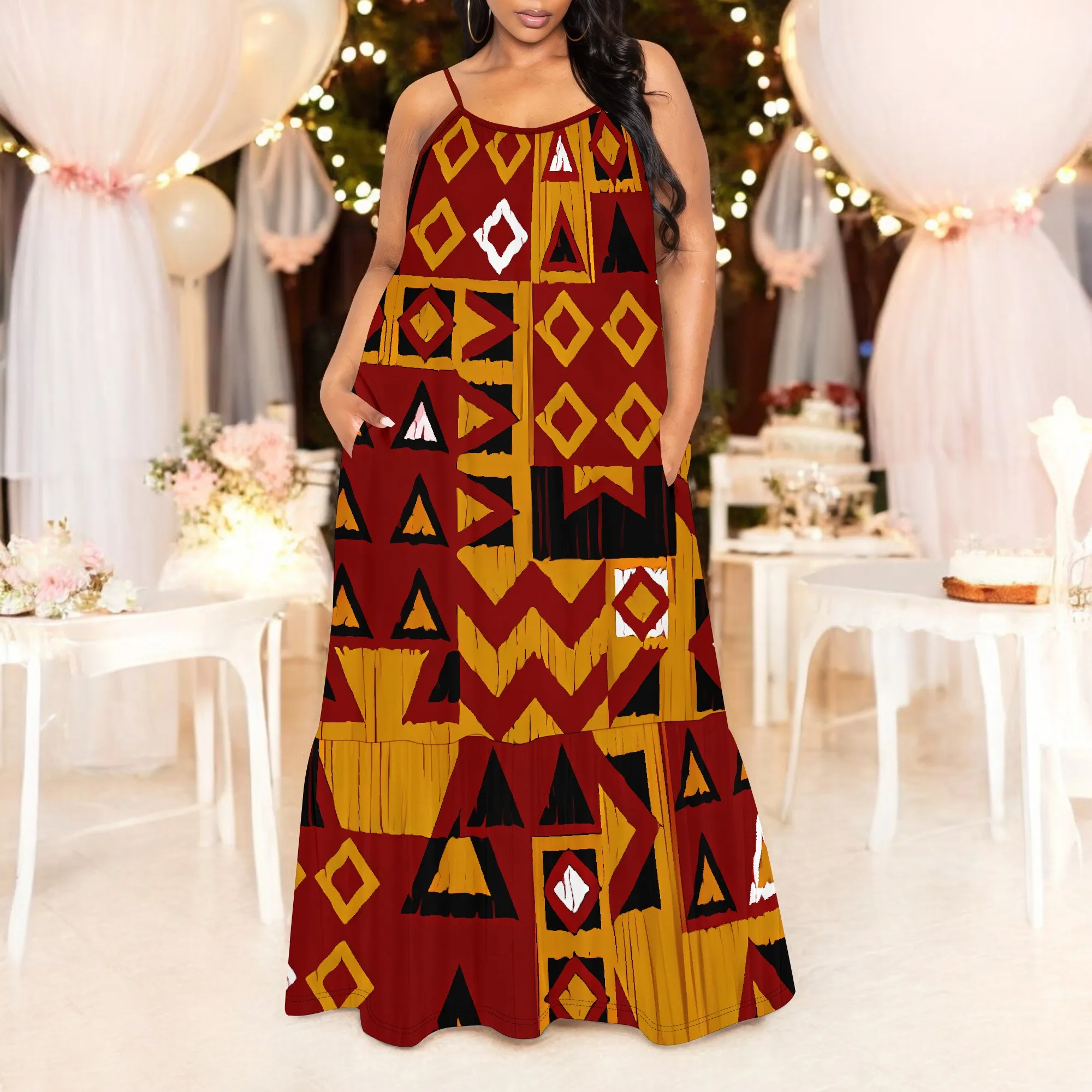 Boho Tribal Print Spaghettiträger Maxikleid Damen Sommer ärmellos Urlaub Strand Sommerkleid