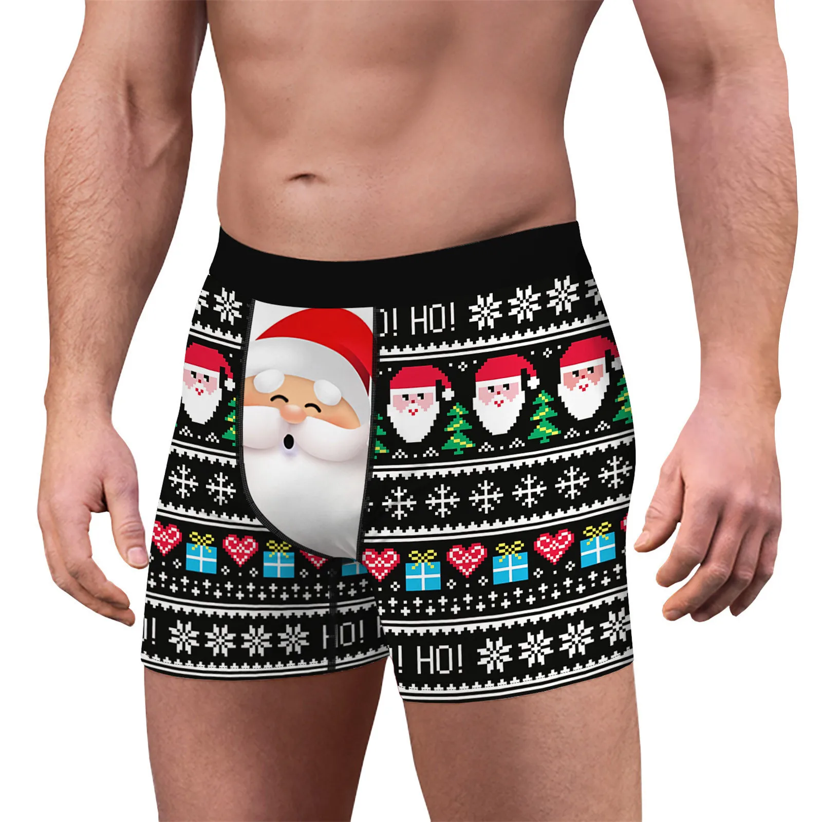 Mens Christmas Print Flat Slim Long Breathable Underwear Pants Fashionable Sports Casual Sports Boxers With Pocket Underwear Men