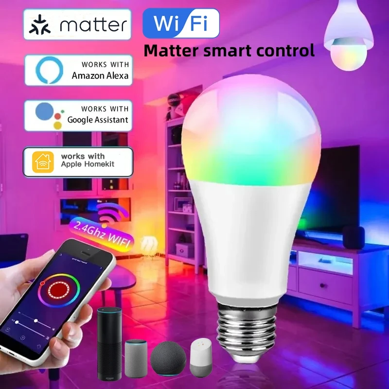 Matter WiFi Smart Bulb Dimmable Led Light 16 Million RGB Colors E27 Base light Voice Control Siri Alexa Google Home Smartthings