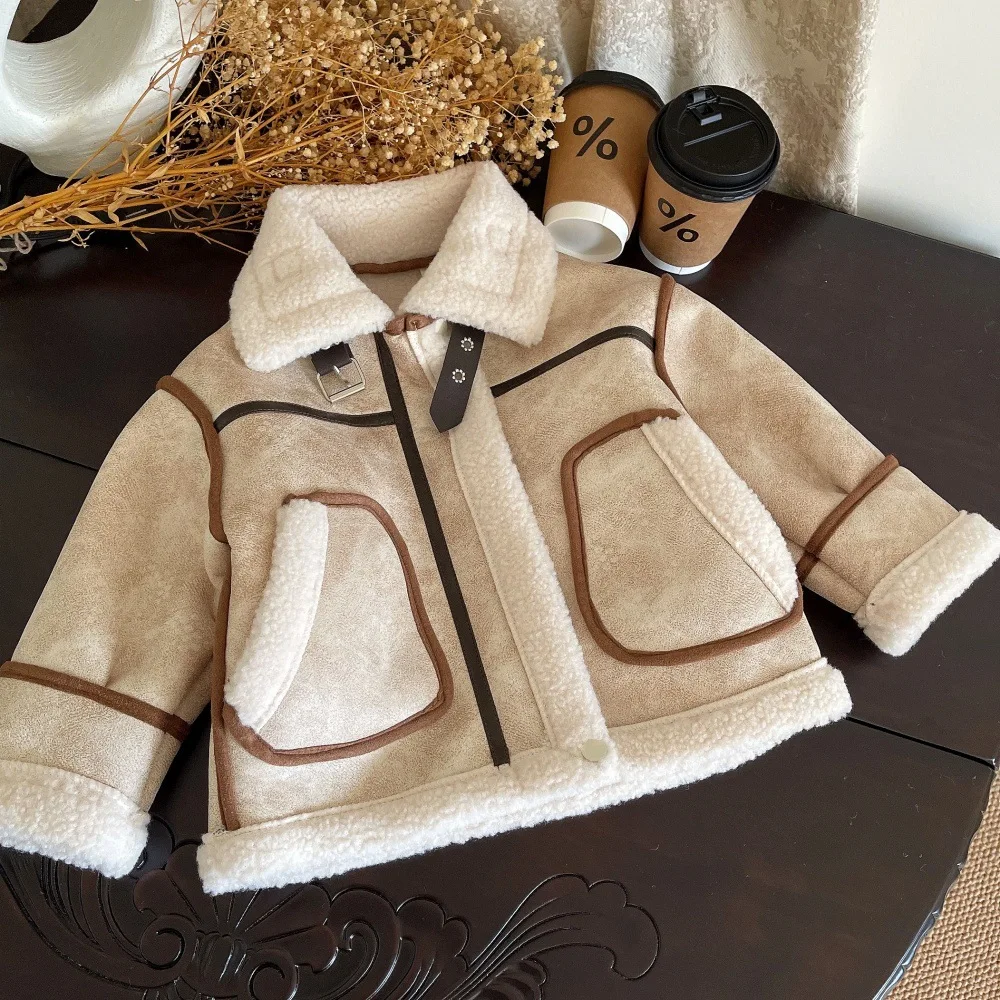 

Winter Boys Suede Velvet Jackets Fashion Korean Style Lamb Wool Thick Warm Coat Children Fleece Outerwear Overcoat