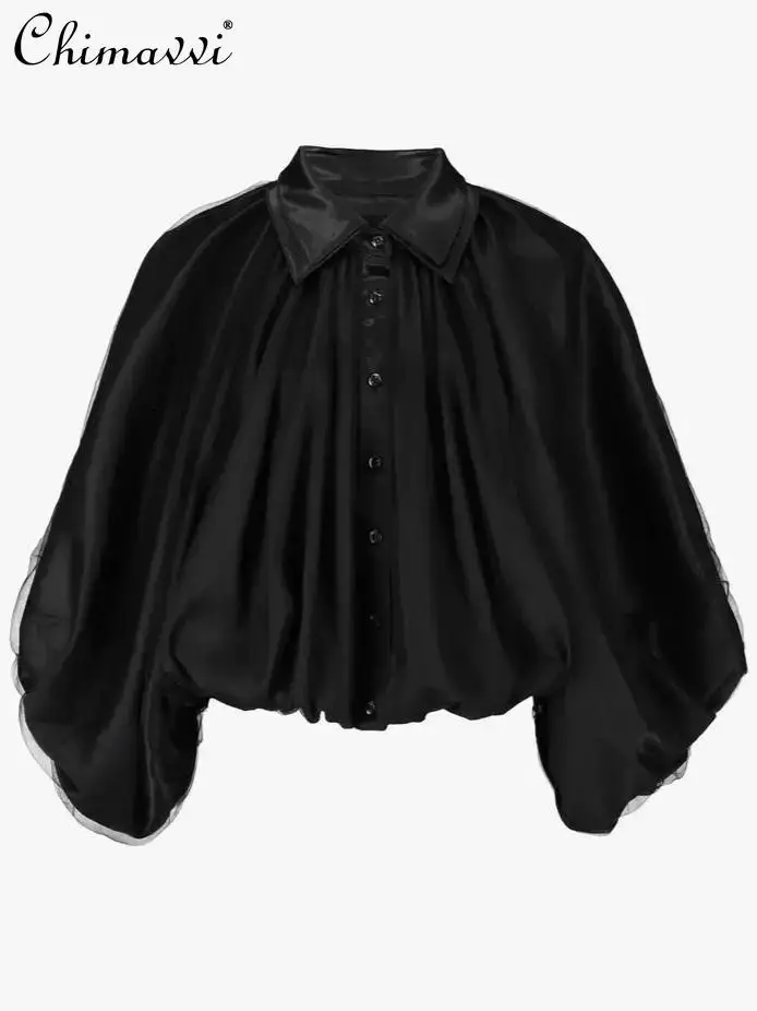 Japanese Style Fashion Commuter Satin Mesh Splicing Shirt 2025 Summer New Women's Lapel Bat Sleeve Loose Blouse Elegant Tops