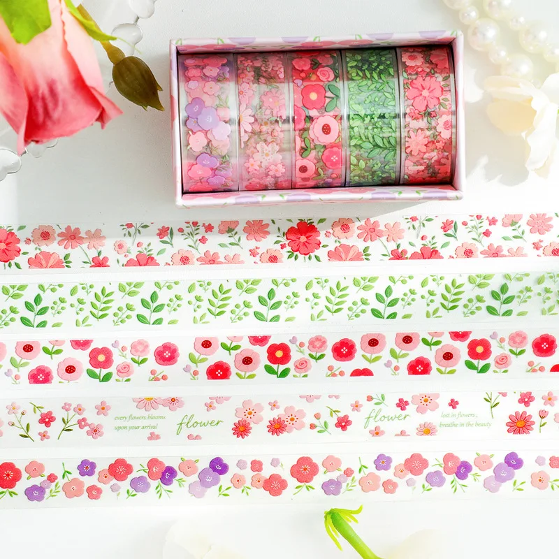 5Rolls Garden Botanical PET Tape Colorful Flower Decor Stickers for Journal Album DIY Craft Projects