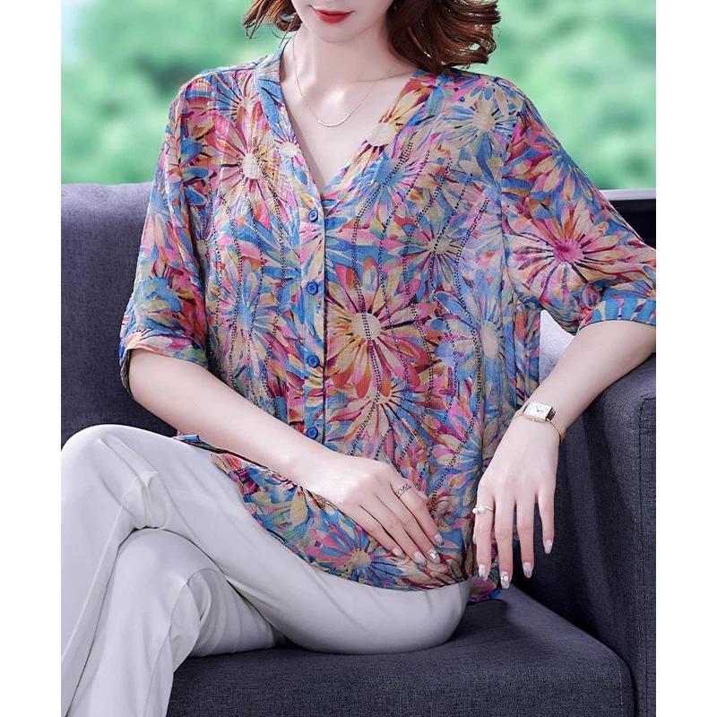 Women Trendy Rhinestone Floral Print Vintage Blouse Summer V Neck Short Sleeve Loose Button Up Shirt Casual Irregular Top Female