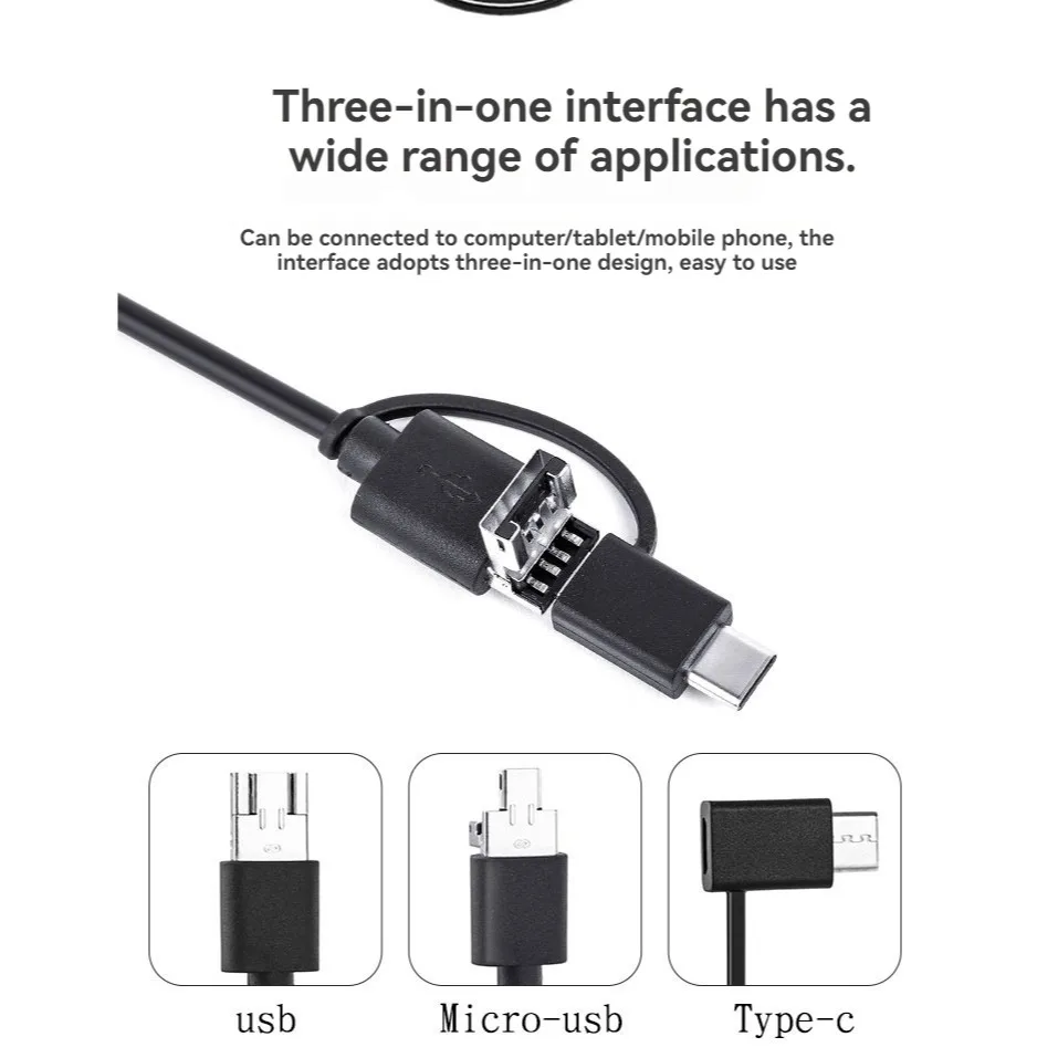 Endoscope industriel 3 en 1 avec lentille de 6mm, caméra HD, réparation de voiture, sonde d'inspection, USB, téléphone Android