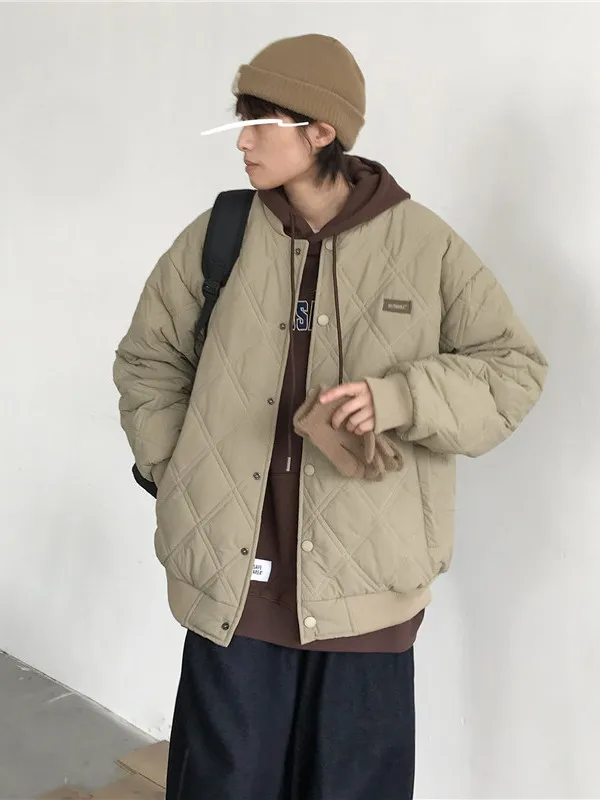 

American Style Diamond Pattern Cotton Jacket Men's Winter Loose Baseball Style Fashionable All-Match Heavyweight Cotton Coat