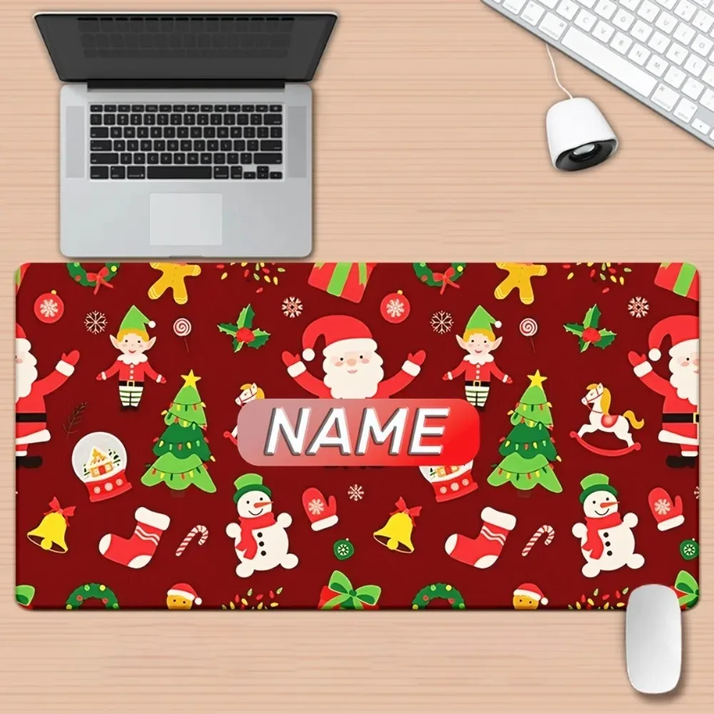 CIFbuy Anti‑Slip Rubber Cartoon Christmas Desk Mat, Santa Reindeer Snowman Custom Name Mouse Pad for PC Gaming Holiday Home Gift