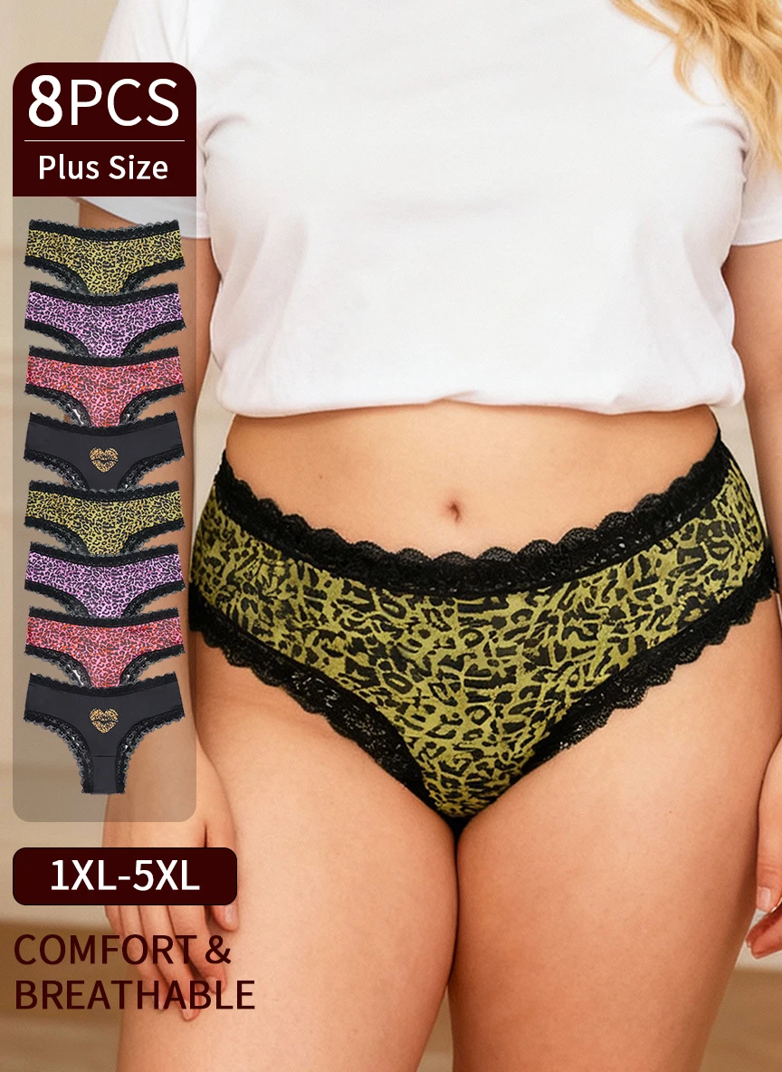 Calzoncillos triangulares de mujer de talla grande con encaje en forma de corazón y estampado de leopardo sexy de 8 piezas