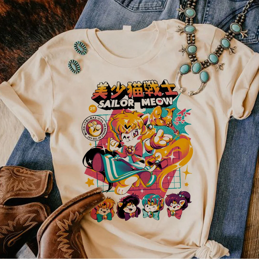 80s Moon Cat Tee women Y2K anime funny t shirt female y2k comic Japanese clothes