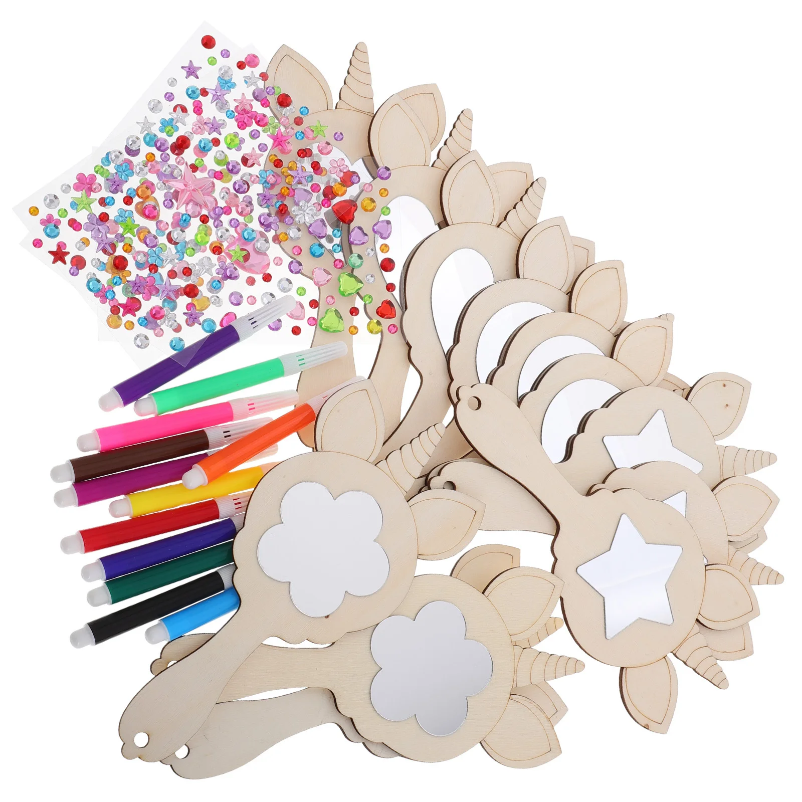 مجموعة واحدة من مرآة صغيرة محمولة باليد على شكل وحيد القرن الخشبية غير المكتملة، لوحة يدوية لتزيين الأطفال، ملحقات مكياج، مرايا خشبية غير مكتملة