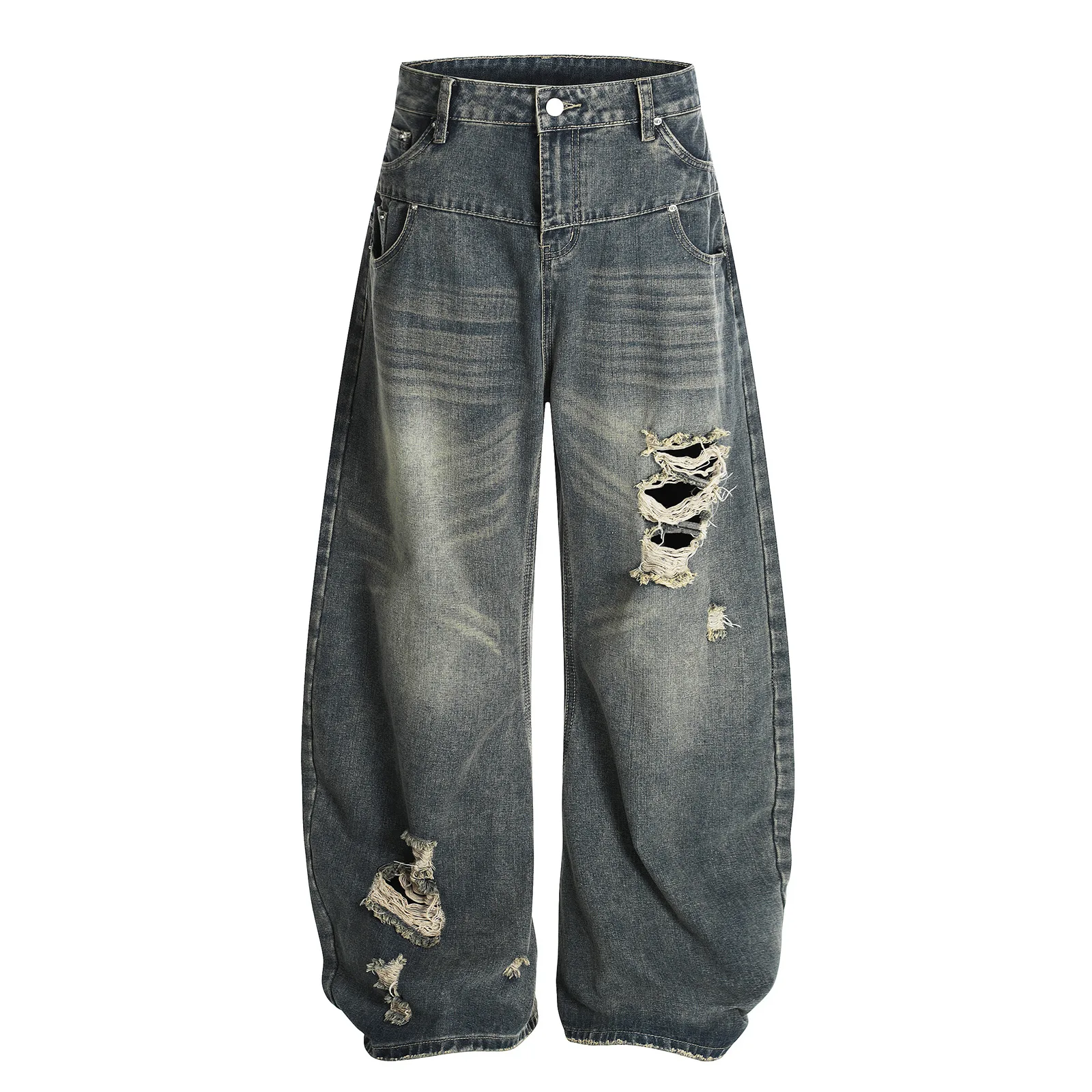 

Men's Fashion Oversized Hip Hop Jeans Pants With Holes High Street Loose Fit Vibe Style Ripped Denim Trousers Destroyed Jeans