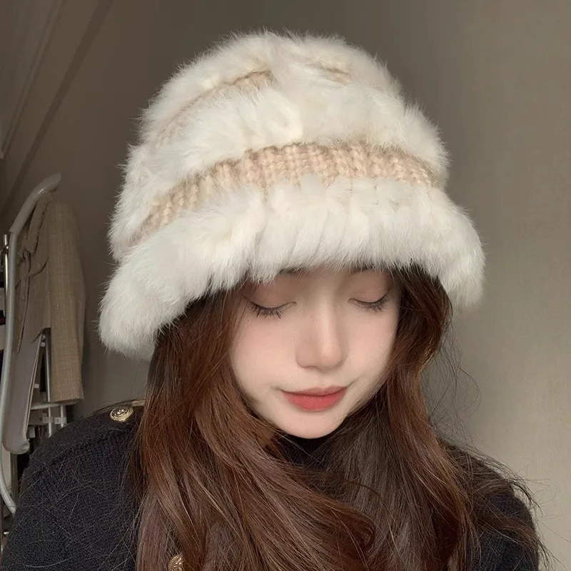 

Rabbit Hair Hat Women's Autumn and Winter Warm Plush Hat Knitted Ear Protection Cap