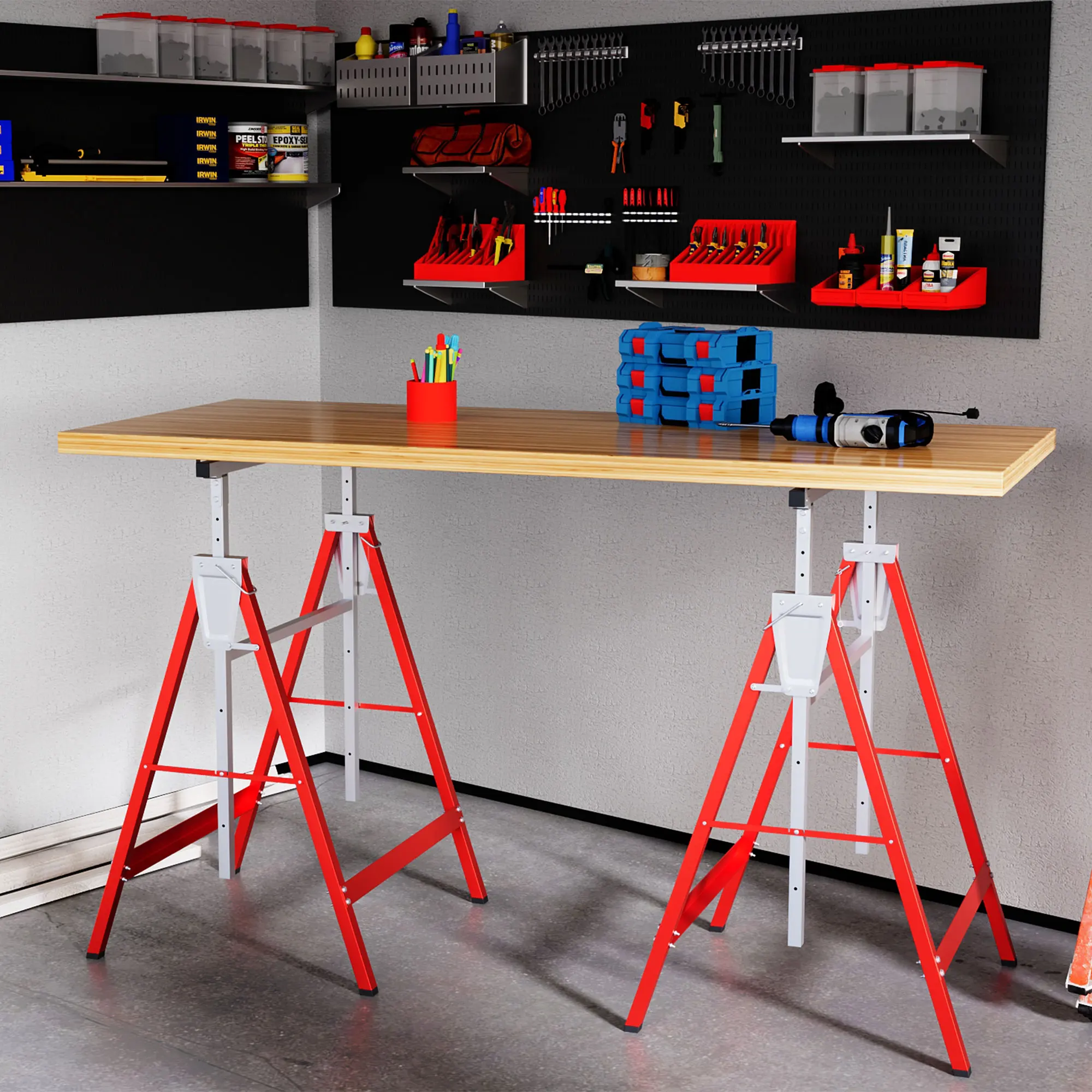 HOMCOM Set mit 2 klappbaren Metallständern mit verstellbarer Höhe, Sägeständer aus Stahl, 68x58x80-130 cm, Rot – Detail 1