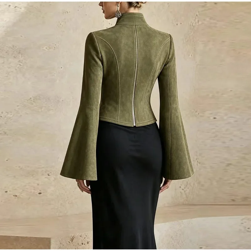Damenmäntel mit Stehkragen, tailliert, kurze Jacken, Herbst, weiblich, ausgestellte lange Ärmel, Reißverschluss, einfarbig, schlanke Jacke, neue Oberbekleidung – Detail 4