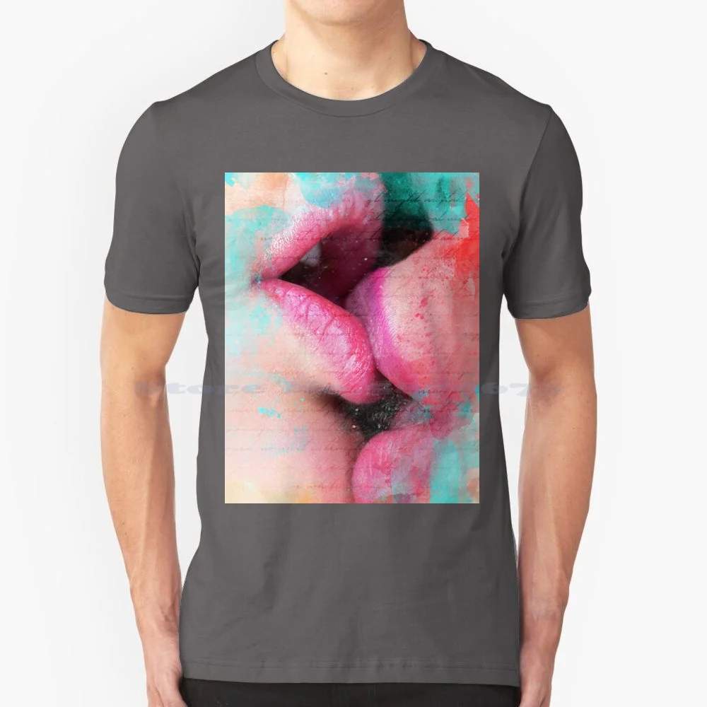 Girls Kissing , Sexy Gifts. T Shirt 100% Cotton Tee Sexy Lips Hot Kiss Sensual Girls Kissing Erotic Chic Lipstick Brunette