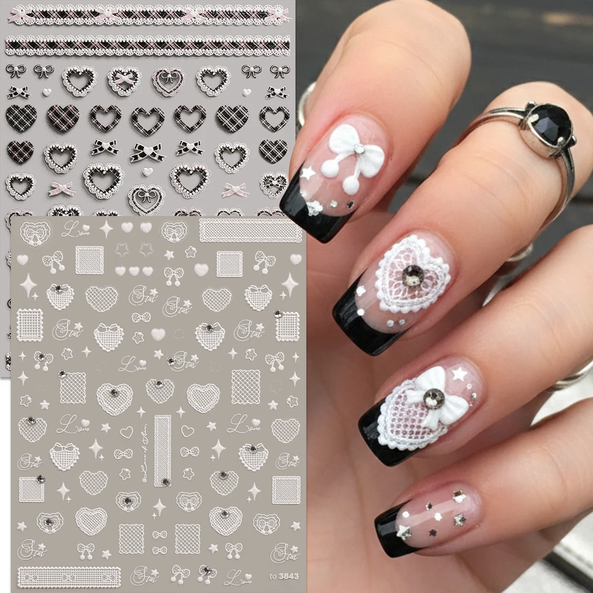 Süße & Coole Spitzenherz 5D Geprägte Nagelaufkleber - Vintage Kariertes Herz, Schleife & Perlen Nagelsticker - Für Valentinstag, Hochzeit