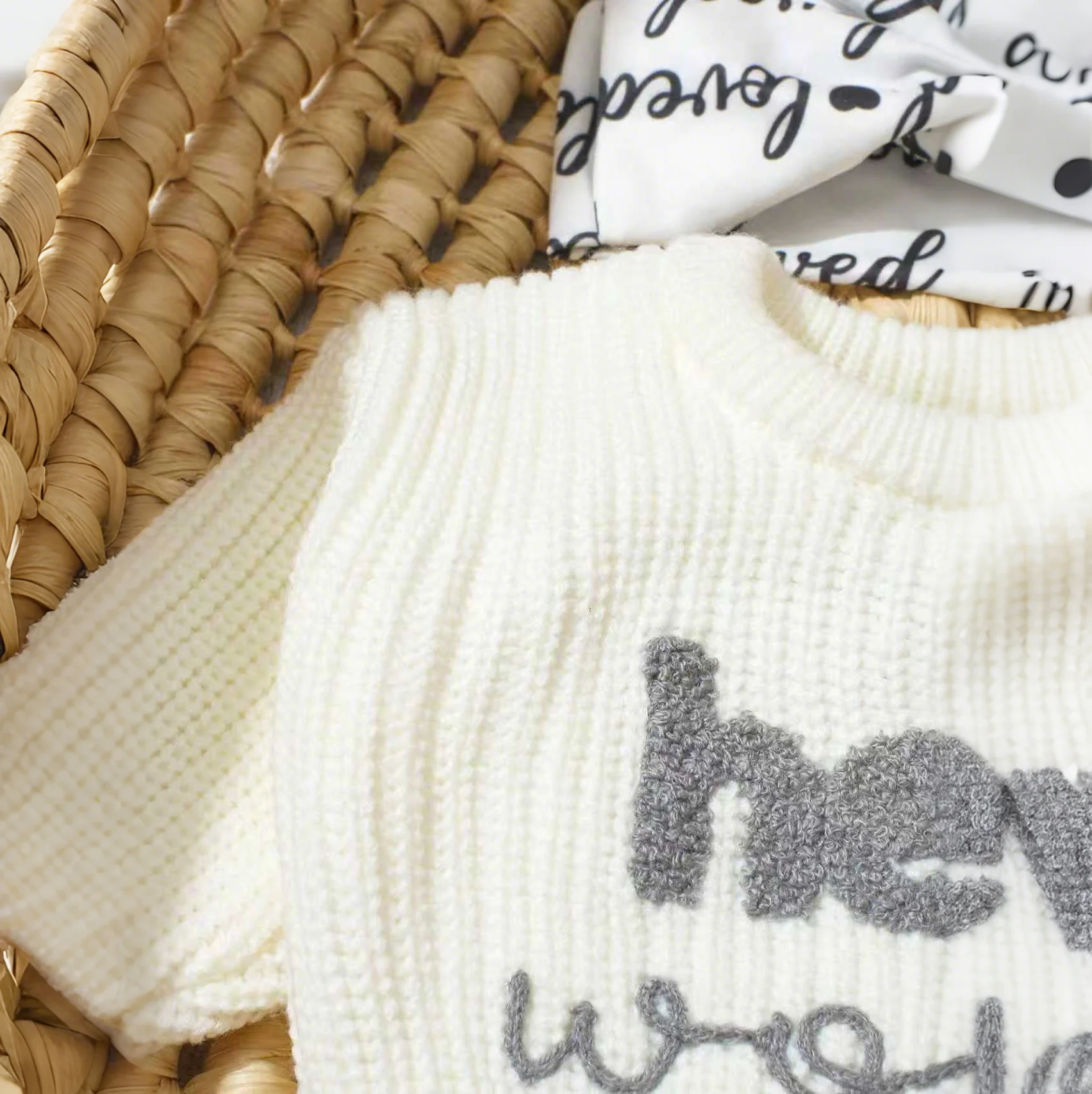 Ylsteed Hallo borduurwerk pasgeboren fotografie outfits gebreide baby trui met luierbroek met strik hoofdband baby rekwisieten-HD