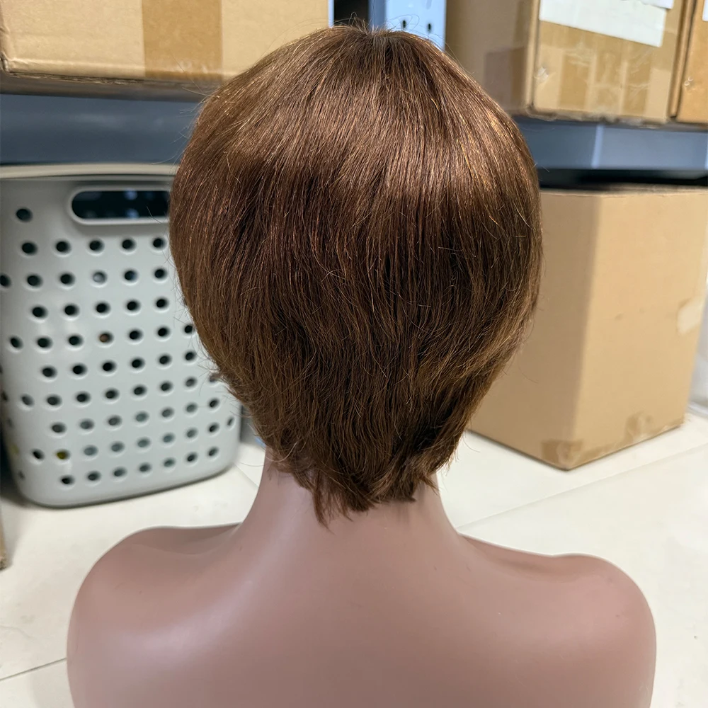 4 # قصيرة عابث قطع شعر مستعار شعر الإنسان الشوكولاته براون خصلات الشعر المستعار الإنسان للنساء الصبي قطع شعر مستعار Duby رخيصة مع الانفجارات آلة صنع الباروكات #3