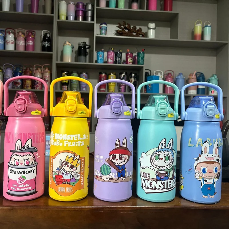 Labubu Anime Peripheral Thermos Cup Cartoon 1200ml Large Capacity Stainless Steel Portable Pot With Straw Water Cup Xmas Gift