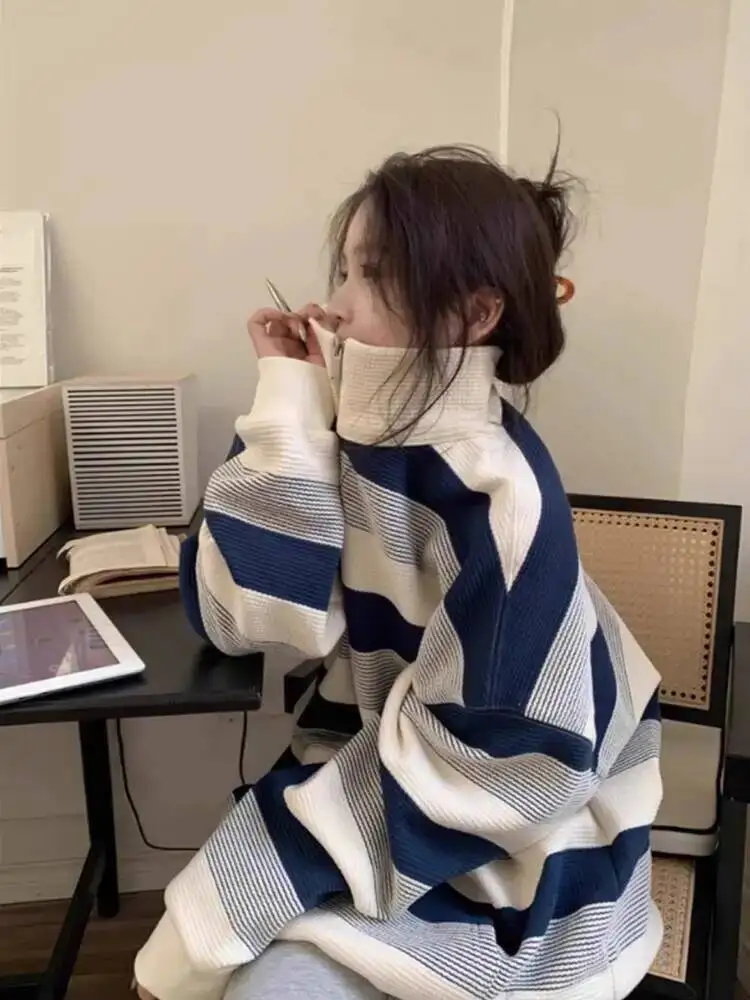 المرأة سويتر مقلم 2025 الخريف المرأة Preppy البلوز بياقة نصف البريدي فضفاض حجم كبير سترة طالب صغيرتي ودية