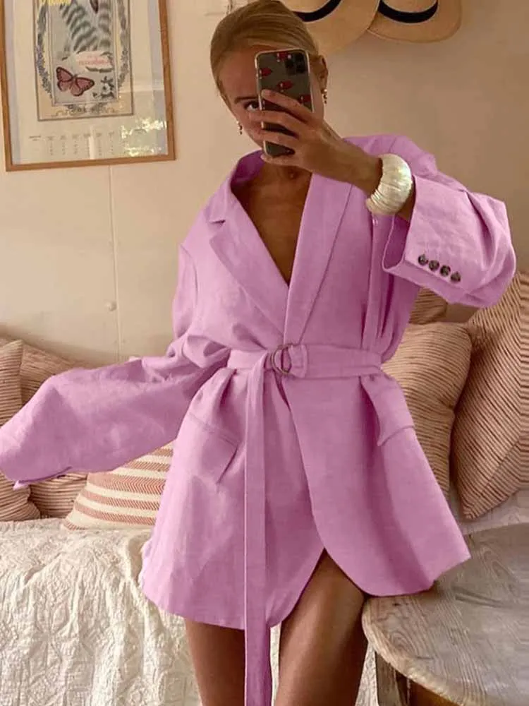 

MCDV Fashion Pink Lace-Up Balzer Mini Dress Women Cotton Linen High Waist Lapel Long Sleeve Loose Elegant Commute Female Dresses