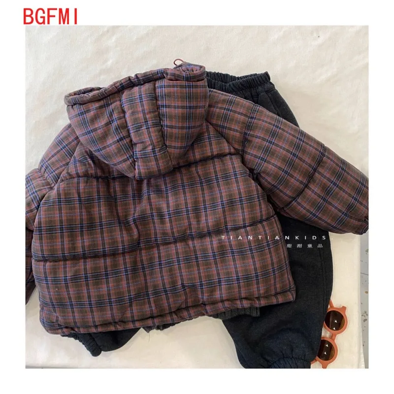 Teenager Boys Plaid Hooded Zipper Thickened Wool Inner Parka Jacket Winter Baby Girl Warm Cotton Coat Overcoat  2-11T Outerwear