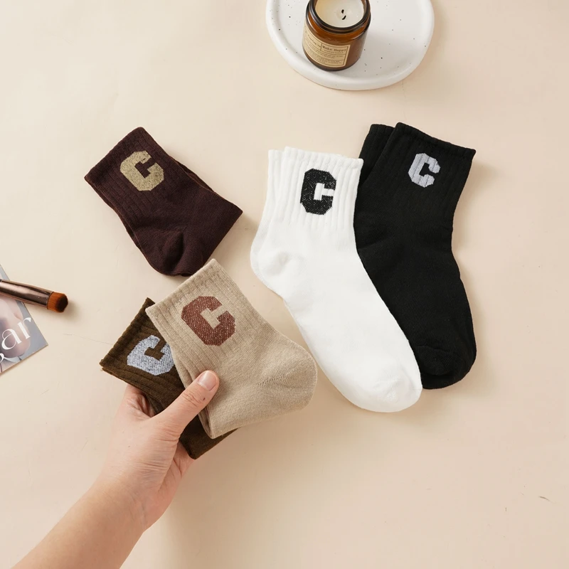 Korea Socks For Boy Girl Knitted Cotton Fashion Letter C Socks Fashion Casual Sports Sock Breathable Middle Tube Sox