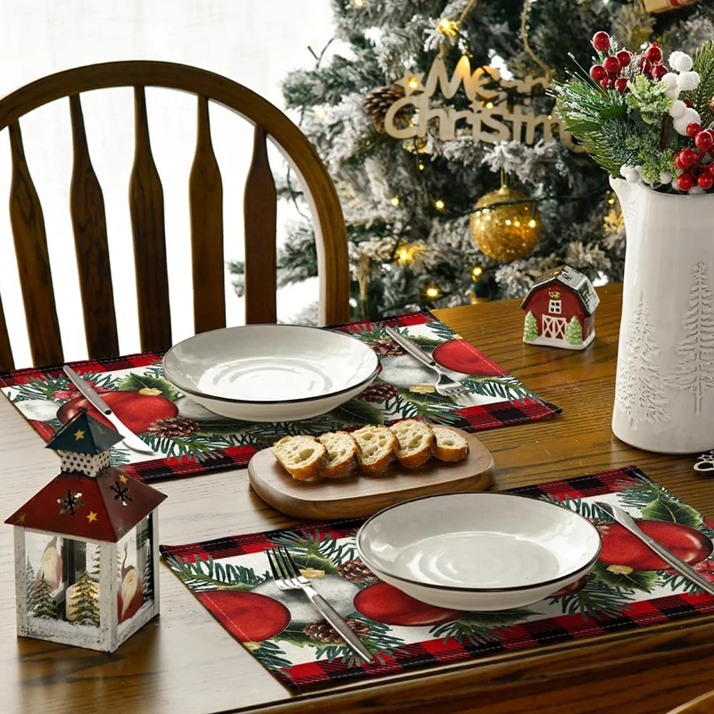 Christmas Placemats Set of 4 Bright Vintage Christmas Ball Pattern Linen Table Mats Festival Decorations for Home