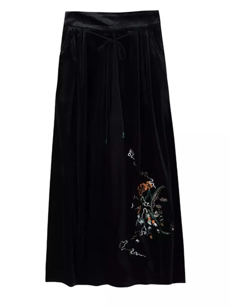 High End Velvet Embroidered Skirt For Autumn And Winter 2023 Women\'s New Large Size Temperament Versatile Midi Jupe Femme Z3385