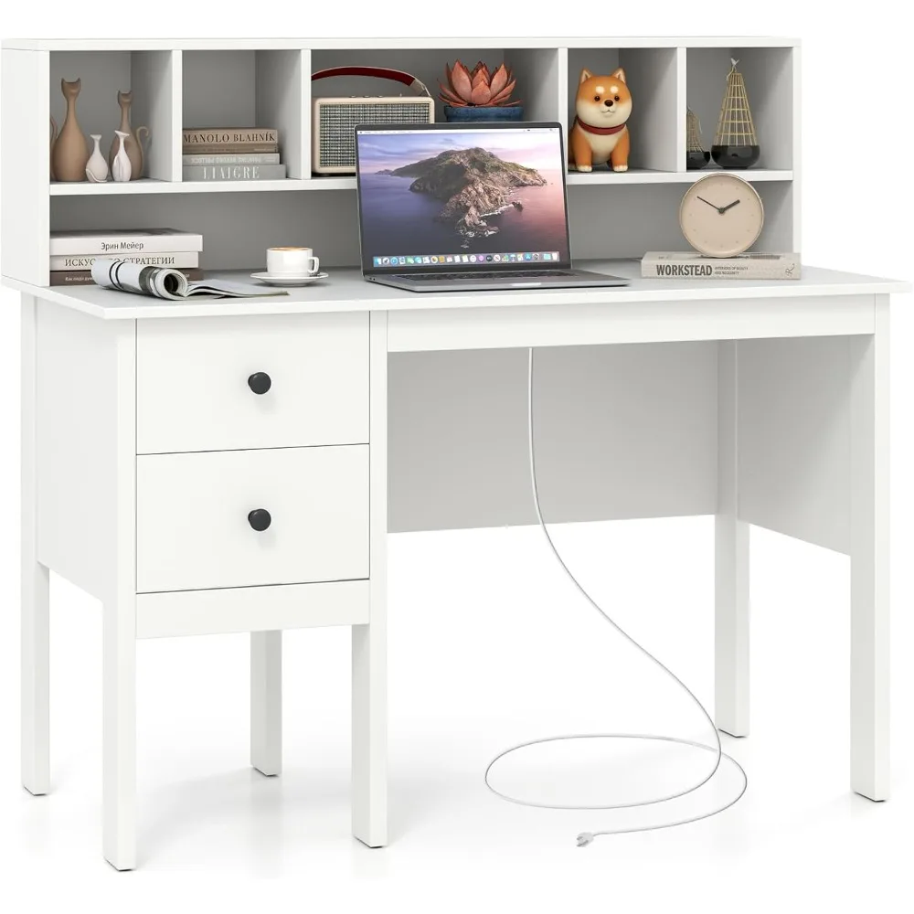 

Writing Desk with USB Charging Ports & Power Outlets, 48" Computer Desk with Drawers & 5-Cubby Hutch, Study Table Computer Work