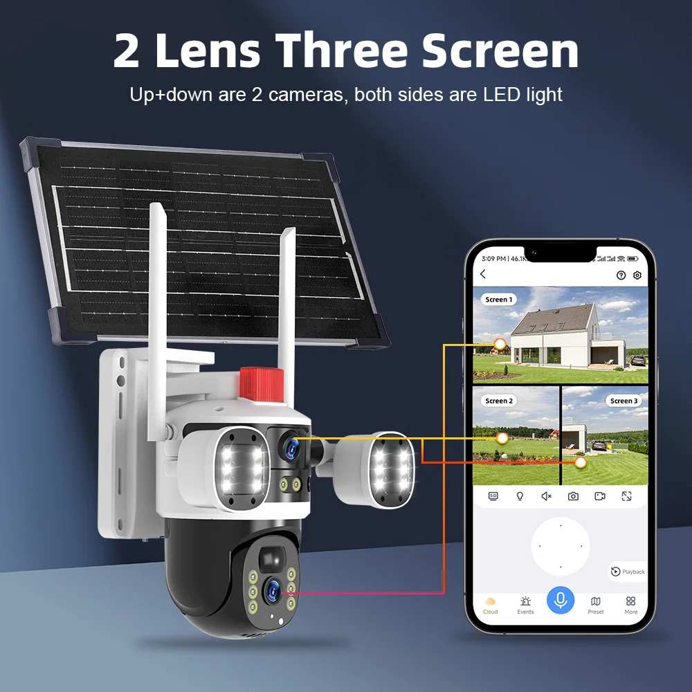 Hongnaer 8MP 4K WiFi/4G لوحة طاقة شمسية لاسلكية تعمل بالطاقة HD PTZ IP CCTV عدسة مزدوجة الأمن 4G بطاقة Sim كاميرا تعمل بالطاقة الشمسية