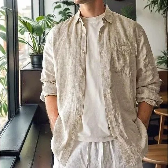Loose Fit Long Sleeve Men's Workwear Shirt Linen Cotton Lightweight Breathable Summer Fashion Tagkita Brand Casual Style
