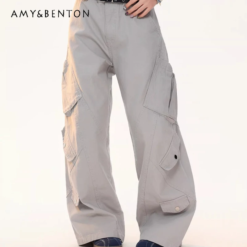 

Vintage Design Solid Color Multi-Pocket High-Waisted Women's Overalls 2026 Spring High-Waisted Pleated Loose Casual Pants Ladies