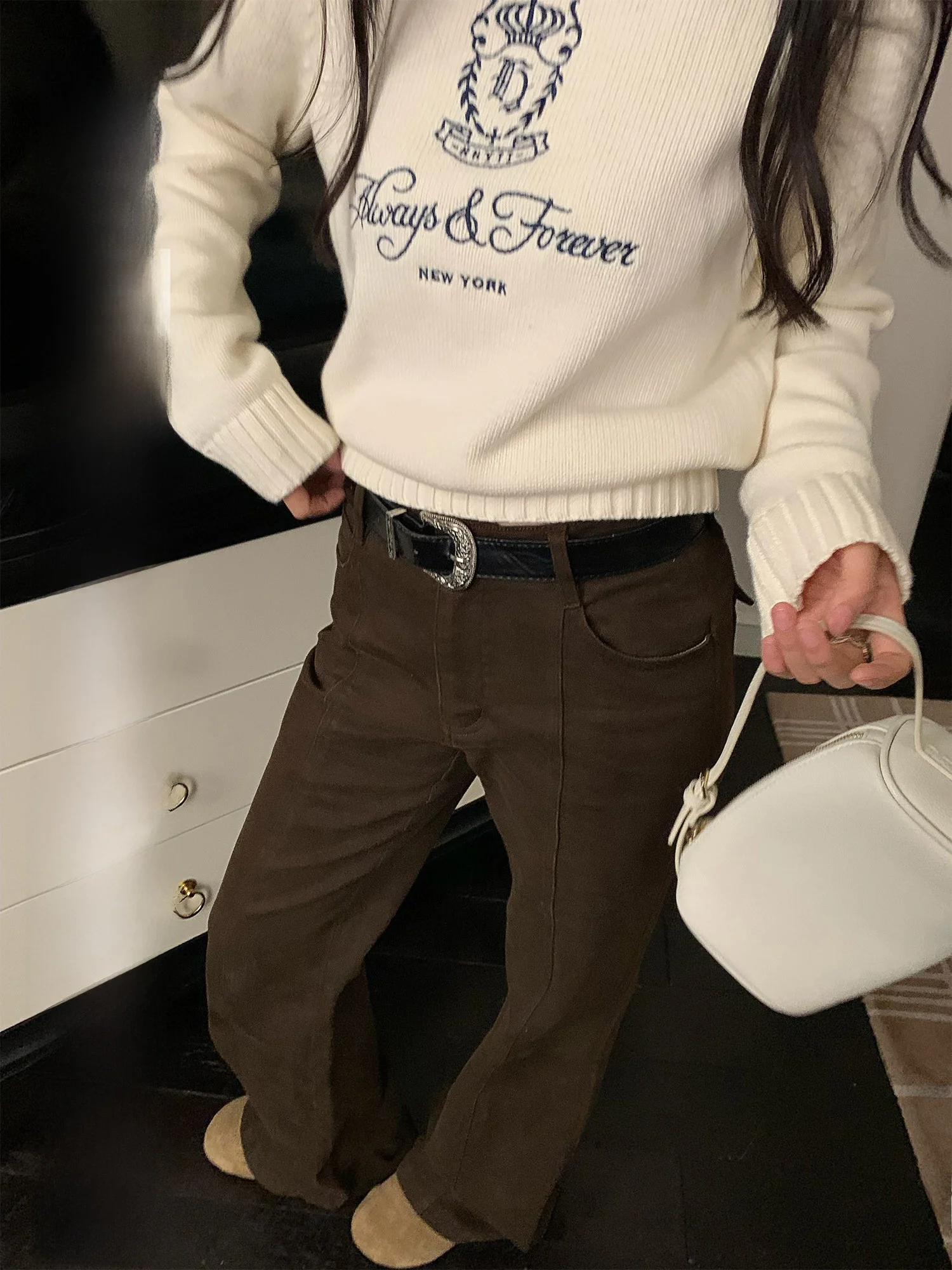 

Джинсы Yuzhiqie Deconstructed Line кофейного цвета, расклешенные, женские, осенне-зимние, стрейч, со средней посадкой, широкие, в пол