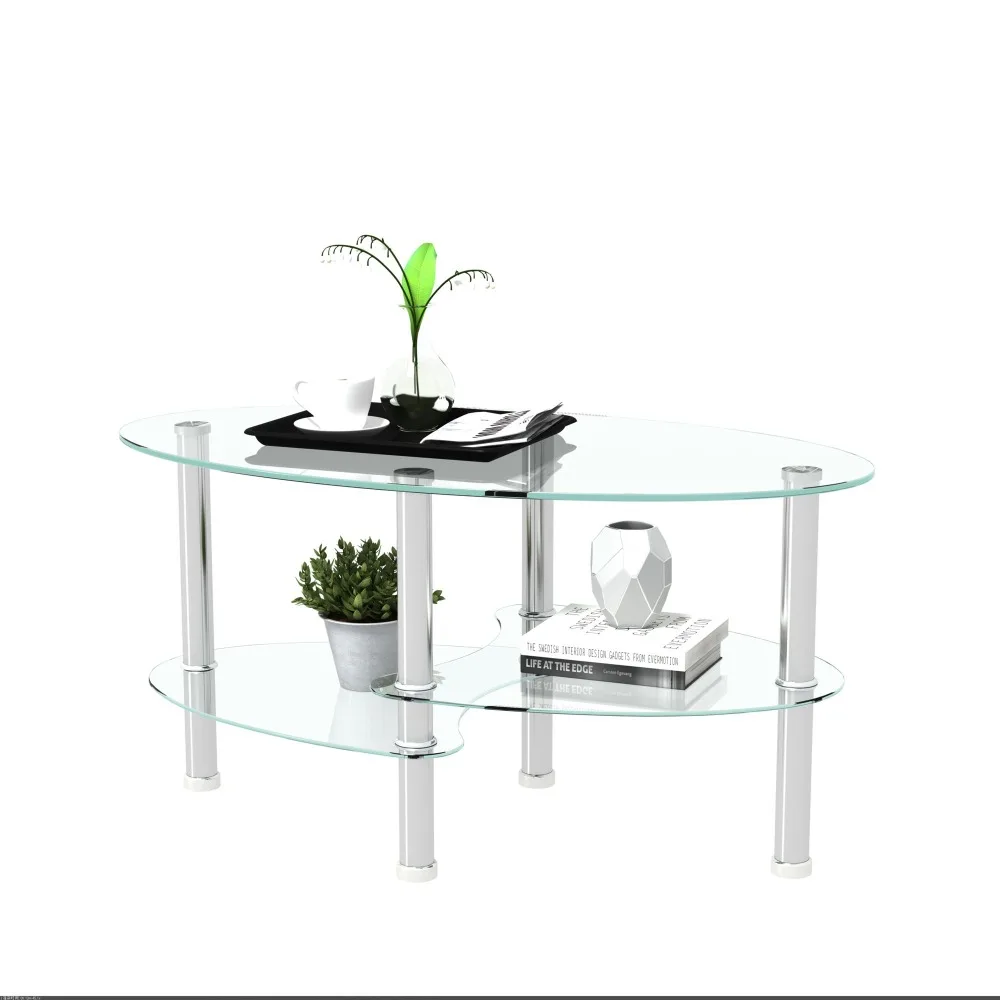 Transparent Oval Glass Coffee Table, Modern Table with Stainless Steel Leg, Tea Table 3-layer Glass Table for Living Room