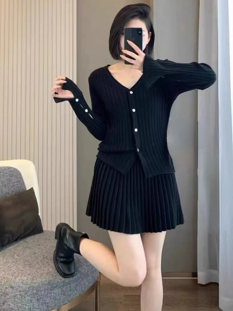 2023 Autumn Grey Knitted Suit for Women Korean Slim Short Cardigan Top High Waist Fashion Skirt Suit Outfit 2 Piece Set Chic