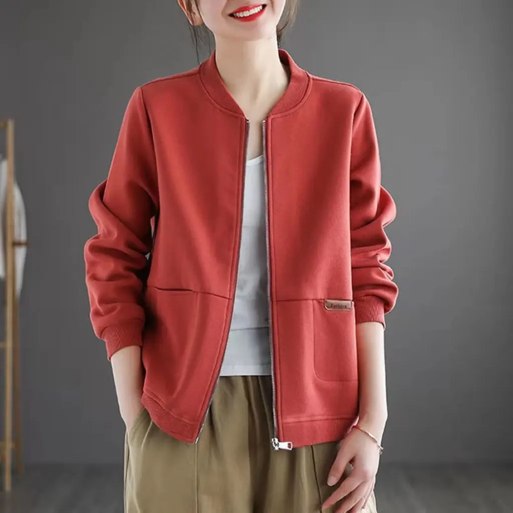 

Women's Trendy Short Coat Spring Autumn Loose Zipper Cardigan Sweater Casual Baseball Style for Middle-aged Mothers