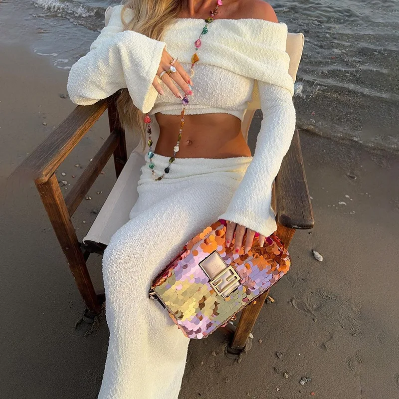 

Pure Color Knitted Beach Bikini Swimming Suit Women Sun Protection Two Piece Set Long Sve round Ne Overhead Faion Ense...