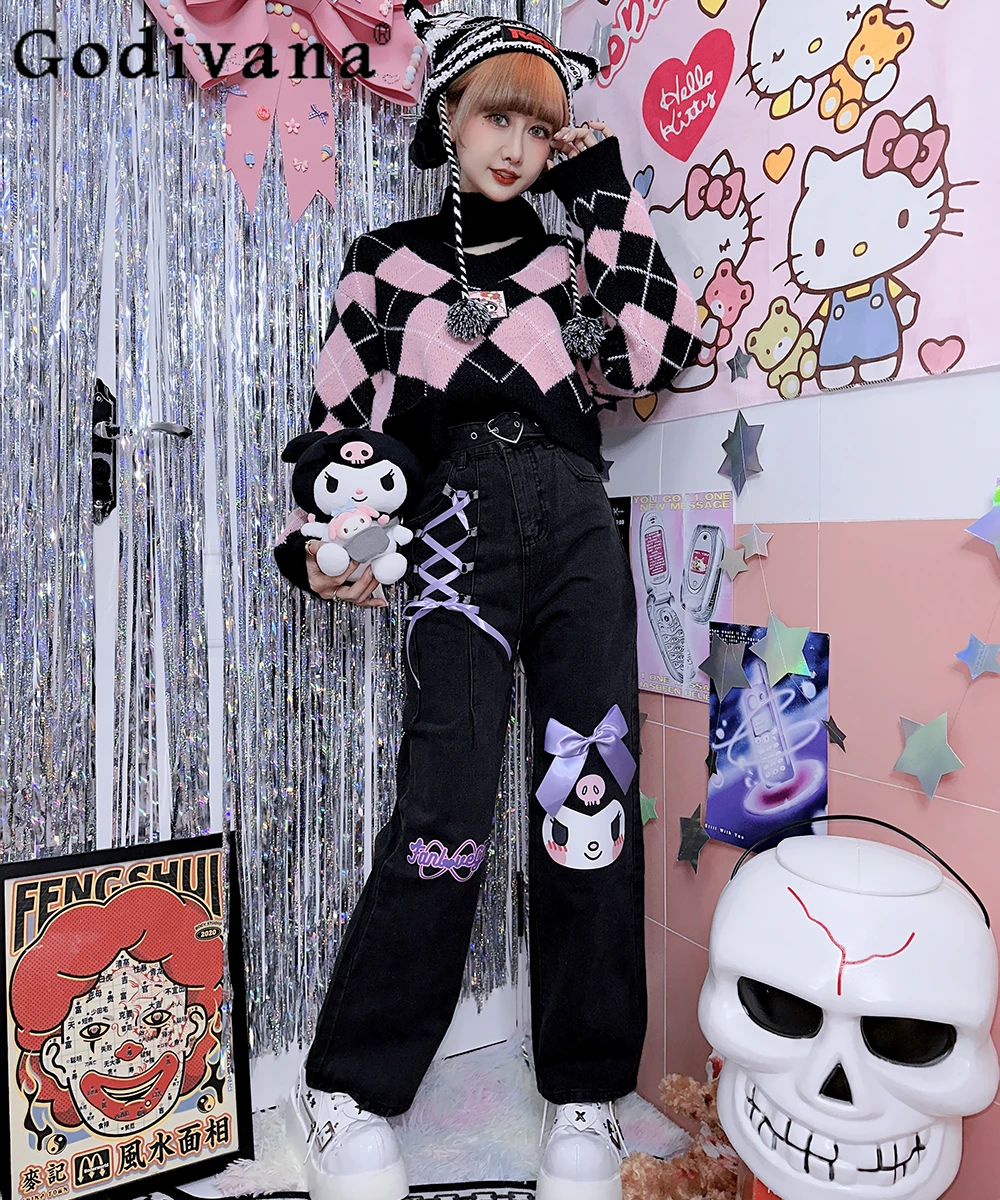 Japanese Harajuku Cute Bow Tie Cartoon Casual Student Jeans Girly Kawalii  All-Match Ninth Pants Women Black Straight-Leg Pants