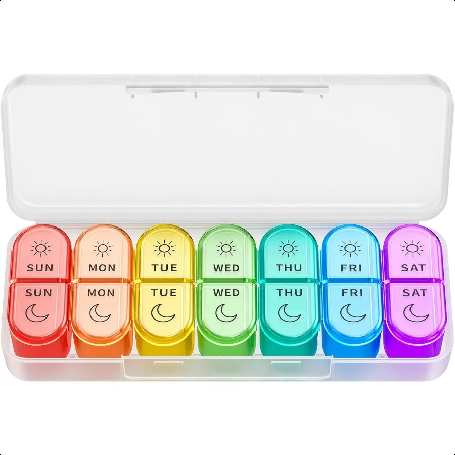 

Еженедельный органайзер для таблеток, 2-кратный органайзер для таблеток AM PM с 7 ежедневными небольшими чехлами с цветным кодированием, утренний и ночной дорожный футляр для таблеток