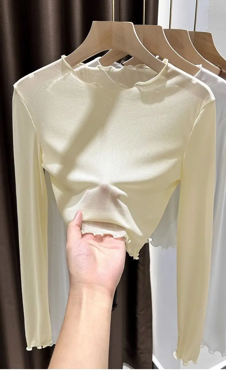 Damen-Oberteil aus kurzem, seidigem Mesh-Stoff, dünne, transparente Sommerbluse mit Rüschen und Spitze, lässiges Innenkleidungsstück, geeignet als Unterhemd oder zum Tragen unter einem Kleid, bietet Sonnenschutz, weiches Oberteil. – Detail 7