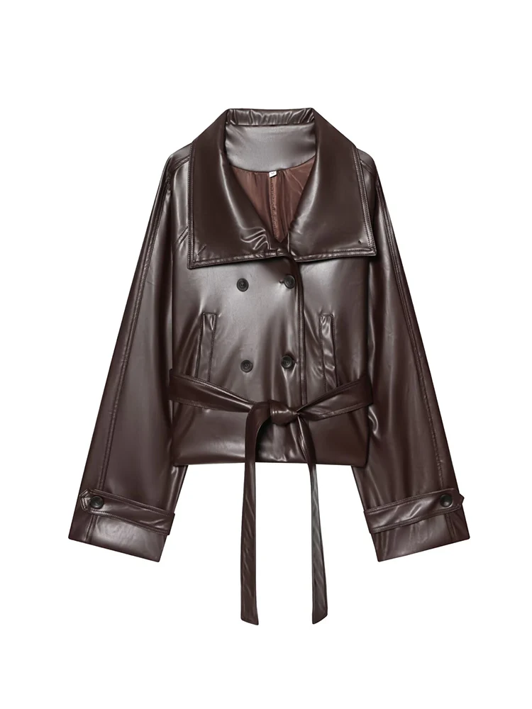 TFMLN Cappotto da donna con cintura in ecopelle Risvolto doppio petto Giacca corta in pelle PU Cappotti Giacca da donna alla moda vintage High Street